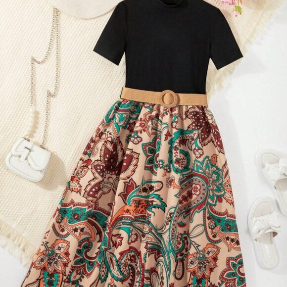 Girls Boho Maxi Dress w/ Belt | Sizes 5Y–9Y | Black Top & Paisley Skirt - Picture 1 of 7